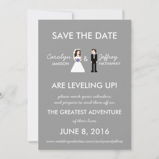 Eenvoudige, nachtelijke 8-bits bride & groom spare save the date (Voorkant)