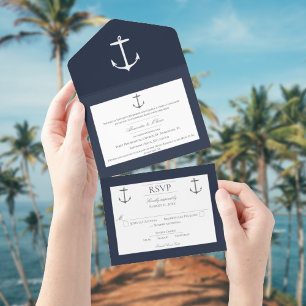 Eenvoudige nautische anker bruiloft Marine Blauw All In One Uitnodiging