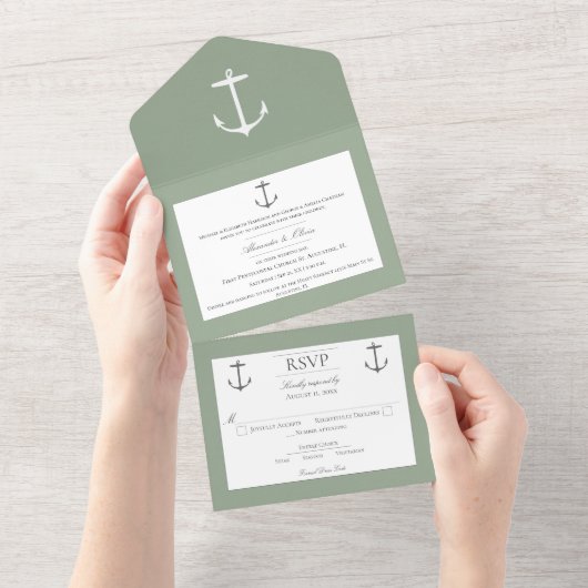 Eenvoudige nautische anker bruiloft | Sage Green All In One Uitnodiging (Afscheurbaar)