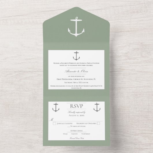 Eenvoudige nautische anker bruiloft | Sage Green All In One Uitnodiging (Binnen)