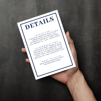 Eenvoudige nautische blauw & witte grens bruiloft informatiekaartje
