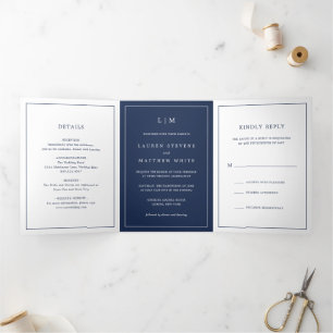 Eenvoudige Navy Blauwe Monogram Elegante Trouw Drieluik Uitnodiging