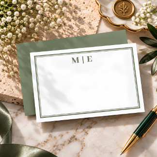 Eenvoudige olijfgroene klassieke monogram notitiekaartje