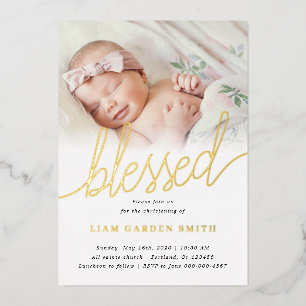 Eenvoudige one Photo Bless Baptism Gold Folie Uitnodiging