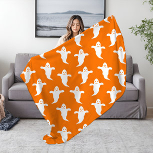 Eenvoudige Oranje en Witte Geesten Halloween Fleece Deken