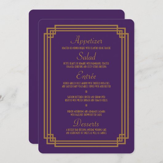 Eenvoudige Paarse Art Deco Bruiloft Menu (Voorkant / Achterkant)