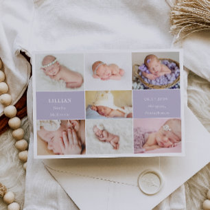 Eenvoudige paarse baby fotosamenstelling aankondig kaart