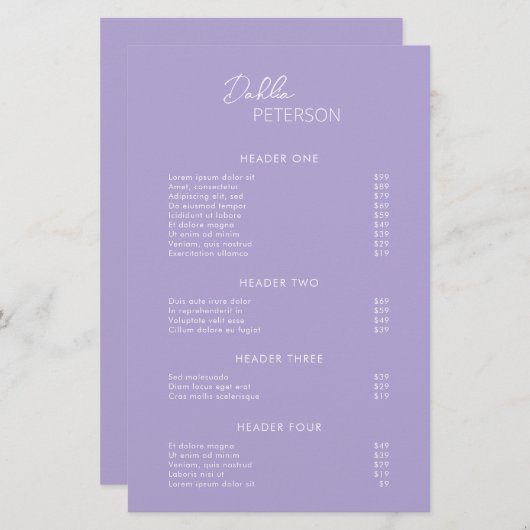 Eenvoudige Paarse moderne prijslijst (Voorkant / Achterkant)