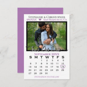 Eenvoudige Paarse Photo Calendar Wedding Save Our Kaart