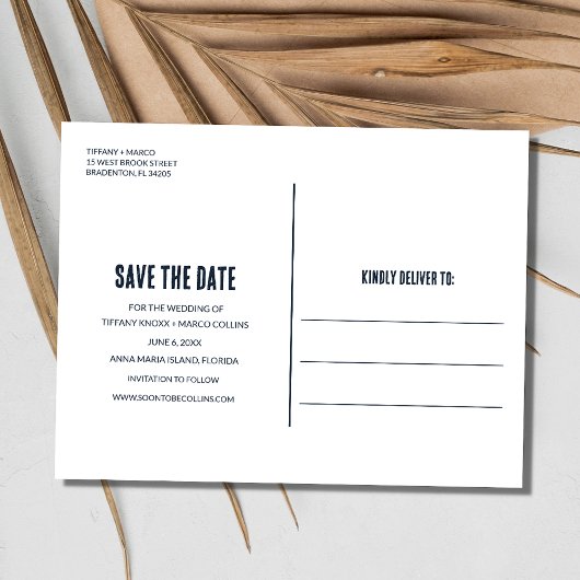Eenvoudige Palm Tree Beach Bruiloft Save the Date Aankondigingskaart