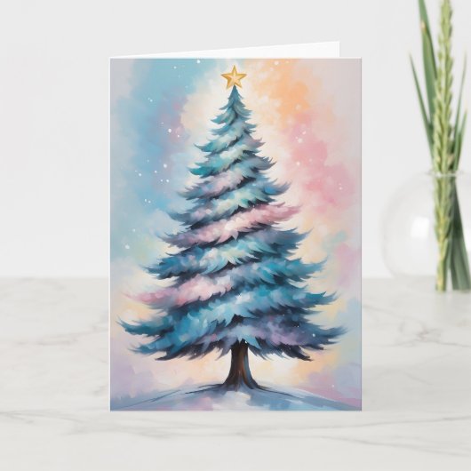 Eenvoudige Pastel Kerstboom met Paarse Blauw Roze Feestdagen Kaart (Voorkant)