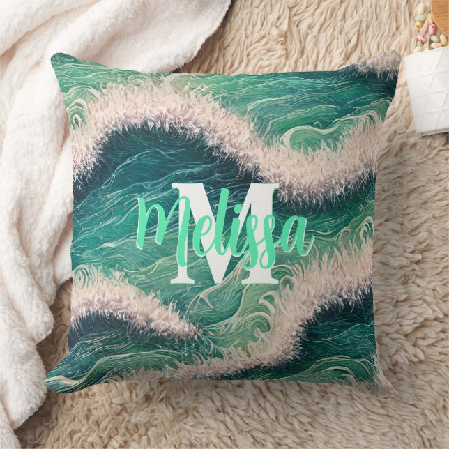 Eenvoudige pastel oceaangolven Monogrammen Kussen (Deken)
