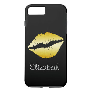 Eenvoudige persoonlijke zwarte glitter Gold Lips iPhone 8 Plus / 7 Plus Hoesje