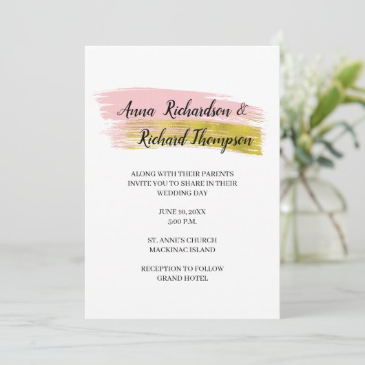 Eenvoudige perzikkleurig en goudpenseel Slag Weddi Kaart (Staand voorkant)