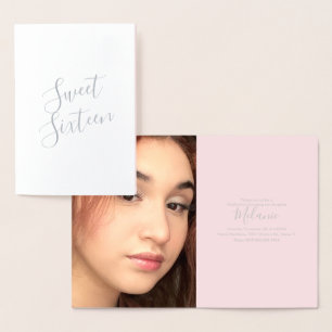 Eenvoudige Photo Pink Sweet Sixteen Script Folie C Folie Kaarten