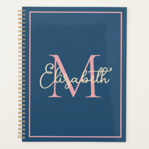 Eenvoudige Preppy Navy Roze en Crème Monogram Planner