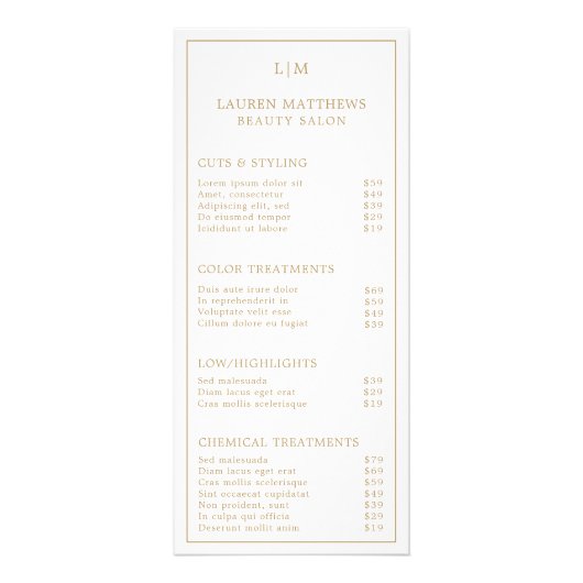 Eenvoudige prijslijst voor monogram legant Gold Sa Reclamekaart (Voorkant)