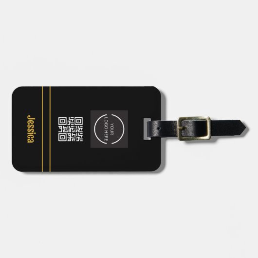 Eenvoudige Professionele QR-code & Logo Goud en Zw Bagagelabel (Voorkant horizontaal)