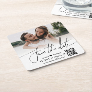 eenvoudige QR-code koppel foto save the date Vierkante Kartonnen Onderzetter