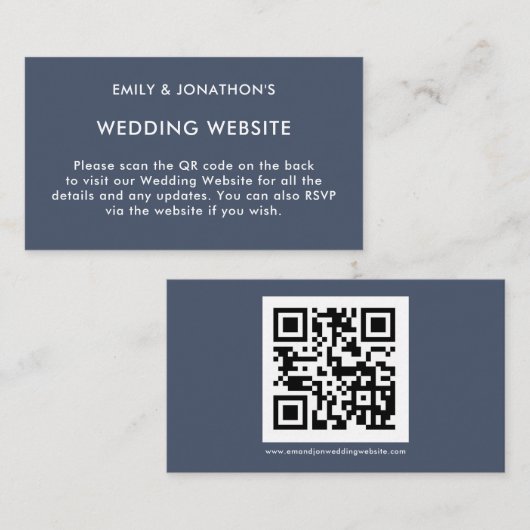 Eenvoudige QR-code Stusty Navy Blue Wedding Websit Informatiekaartje (Voorkant / Achterkant)