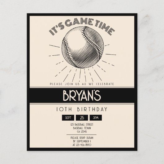 Eenvoudige Retro Zwart Honkbal Budget Verjaardag U (Voorkant)