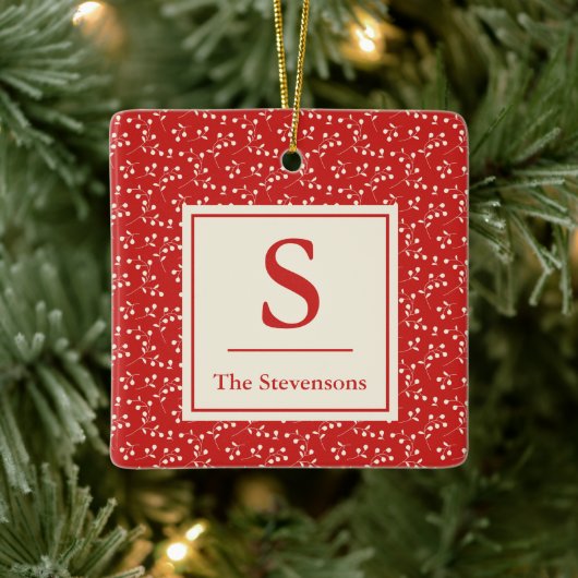 Eenvoudige  rode flacon monogram naam keramisch ornament (Boom)