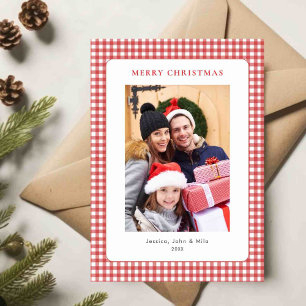 Eenvoudige Rode Gingham Kerst Foto Feestdagenkaart