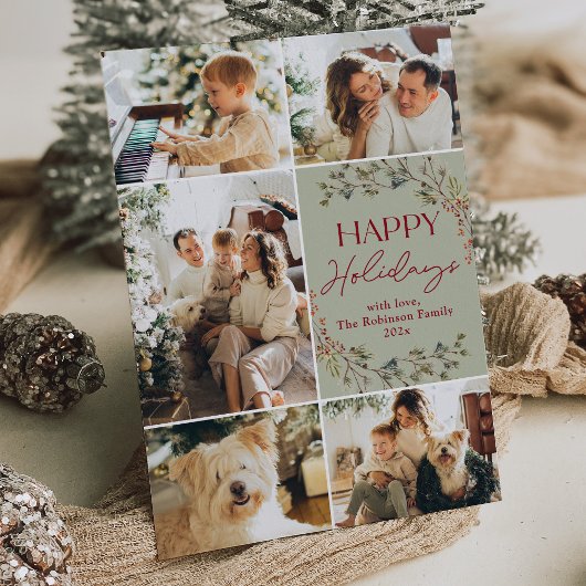 Eenvoudige Rode Groene 5 Foto Gelukkig Vakantiekaa Feestdagenkaart