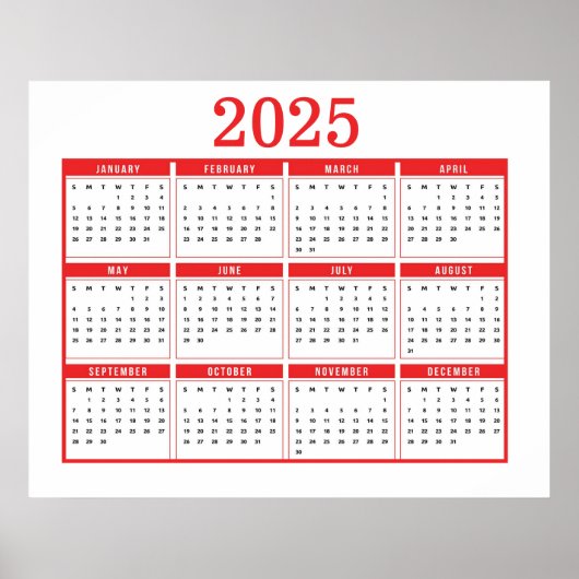 Eenvoudige Rode Kalender 2025 Poster (Voorkant)