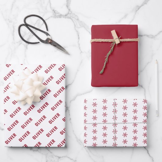 Eenvoudige Rode Naam en Snowflake Pattern Kerstmis Inpakpapier Vel (Voorkant)