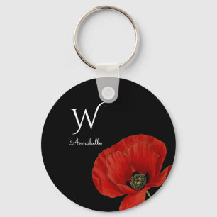 Eenvoudige rode papaver op zwart met monogram sleutelhanger