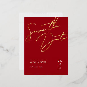 Eenvoudige Rode Script Goud Folie Save the Date Uitnodiging Briefkaart