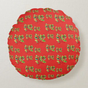 Eenvoudige rode Waterverf Holly Berries Xmas Patte Rond Kussen