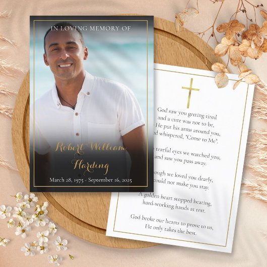 Eenvoudige rouwkaarten met foto en gebed visitekaartje