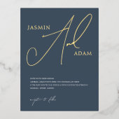 Eenvoudige Royal Blue en Gold Script Wedding Gold Folie Uitnodiging Briefkaart (Voorkant)