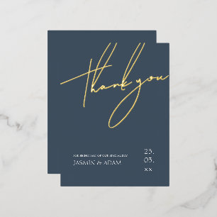 Eenvoudige Royal Blue Gold Script bruiloft dank u Folie Uitnodiging Briefkaart