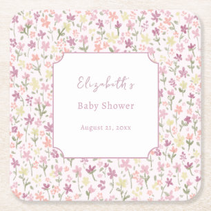 Eenvoudige Roze Bloemen Baby Shower Coaster Vierkante Kartonnen Onderzetter