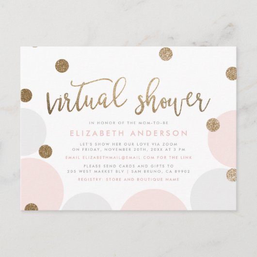 Eenvoudige roze en gouden glitter Confetti Virtual Uitnodiging Briefkaart (Voorkant)