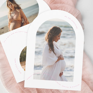eenvoudige roze fotoboog baby zwangerschap aankond kaart