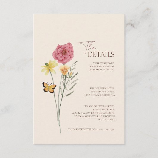 Eenvoudige Roze Gele Wildflower Wedding Details Informatiekaartje (Voorkant)