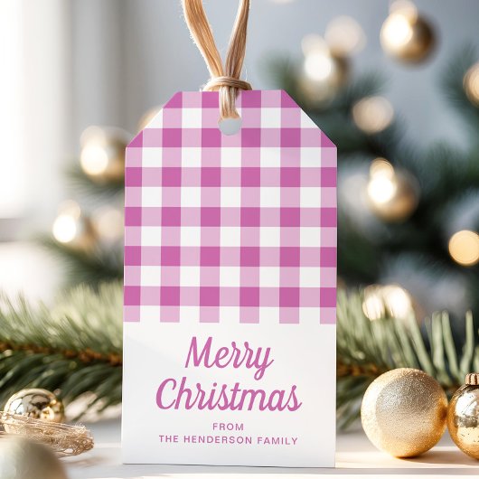 Eenvoudige Roze Geruite Script Prettig Kerstfeest Cadeaulabel