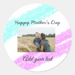 Eenvoudige roze glitterblauwe moederdag voegt naam ronde sticker