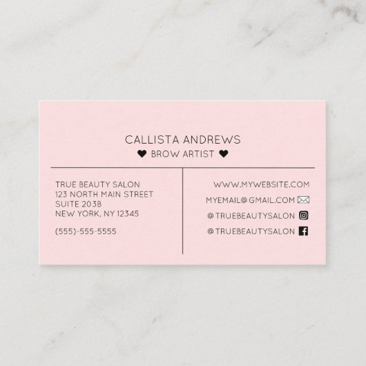 Eenvoudige  roze harten typografie Brows Visitekaartje (Achterkant)