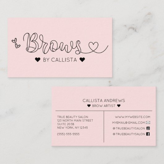 Eenvoudige roze harten typografie Brows Visitekaartje (Voorkant / Achterkant)