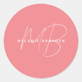 Eenvoudige roze minimalistisch 2 monogram naam ronde sticker