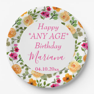Eenvoudige roze Oranje Floral Birthday Party Papieren Bordje