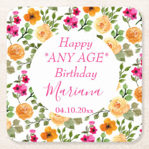 Eenvoudige roze Oranje Floral Birthday Party Vierkante Kartonnen Onderzetter