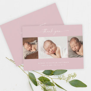 Eenvoudige Roze Script Foto Collage Baby Bedankkaart