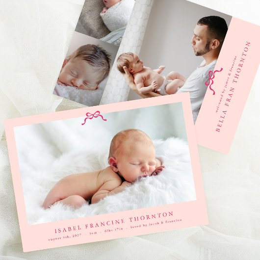 eenvoudige roze strik foto baby aankondiging