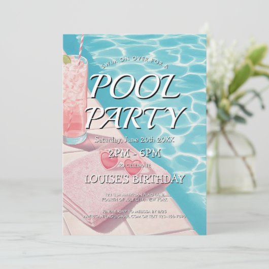 Eenvoudige roze uitnodiging voor een Pool Party (Staand voorkant)